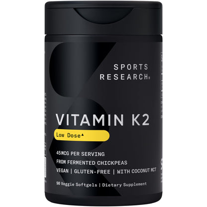 Sports Research® Vitamin K2 as MK-7 100mcg with Coconut MCT Oil - 60 Veggie Softgels (2 Month Supply) Vegan Certified, Non-GMO Verified, Gluten & Soy Free