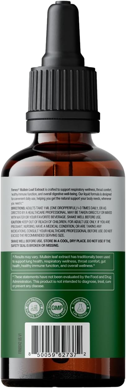 Mullein Drops for Lungs – Liquid Mullein Leaf Extract for Respiratory & Immune Support – Alcohol-Free Herbal Tincture for Men & Women – Made in USA, 3rd-Party Tested – 2 fl oz, 60 Servings