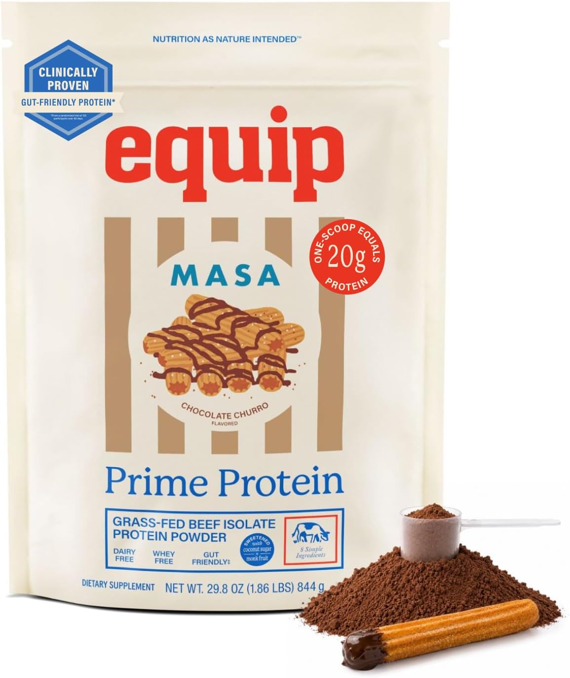 Equip Prime Chocolate Churro Protein Powder - Gut-Friendly, No Sugar Protein Shake Powder with Grass-Fed Beef & Natural Collagen - Rich & Creamy Mix - 21g Per Serving - Whey & Dairy-Free (30 Scoops)
