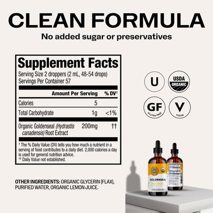 Vimergy USDA Organic Goldenseal Supplement – 57 2mL (2 Droppers or 48-54 Drops) Servings (200mg Extract Per Serving). Vegan, Alcohol-Free Golden Seal herb Drops Great for Tea (115 mL)