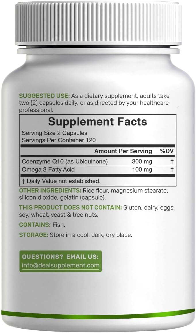 DEAL SUPPLEMENT CoQ10 300mg with Omega 3 100mg, 240 Capsules | Bioavailable Coenzyme Q10 Formula | Supports Heart, Energy & Brain Health | Antioxidant Support | Non-GMO