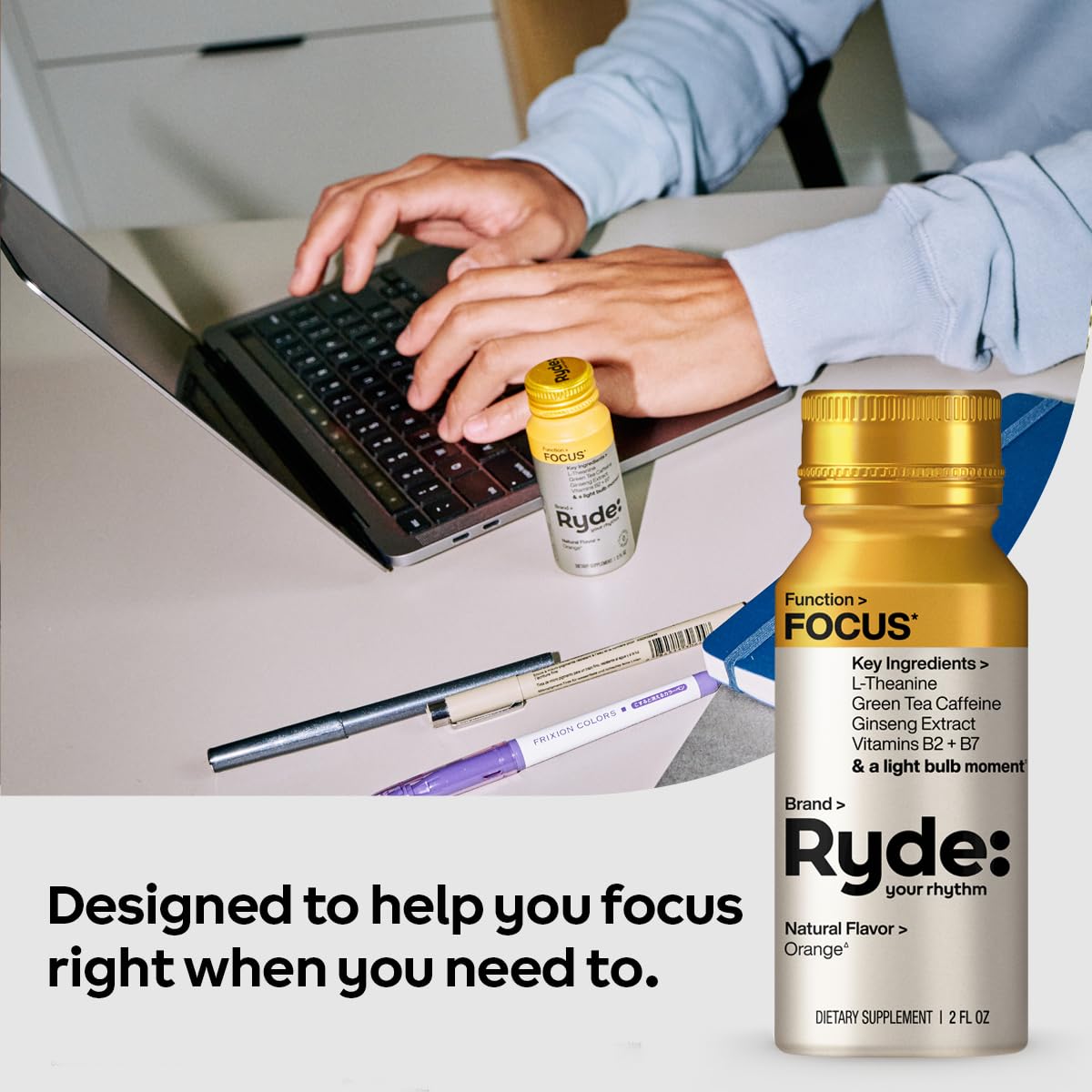 RYDE Bundle, Relax + Focus Shots, L-Theanine, Ginseng, Chamomile and Caffeine, Zero Calories, Zero Sugar, Pack of 16