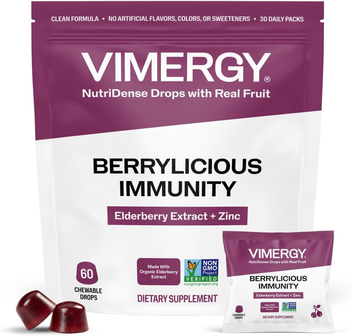 Vimergy NutriDense Berrylicious Immunity* Chewables (500mg Elderberry Extract & 7.5mg Zinc Sulfate per Serving) Vegan, No Artificial Sweeteners, Gluten-Free, Immune Support, 30 Servings (60 Count)