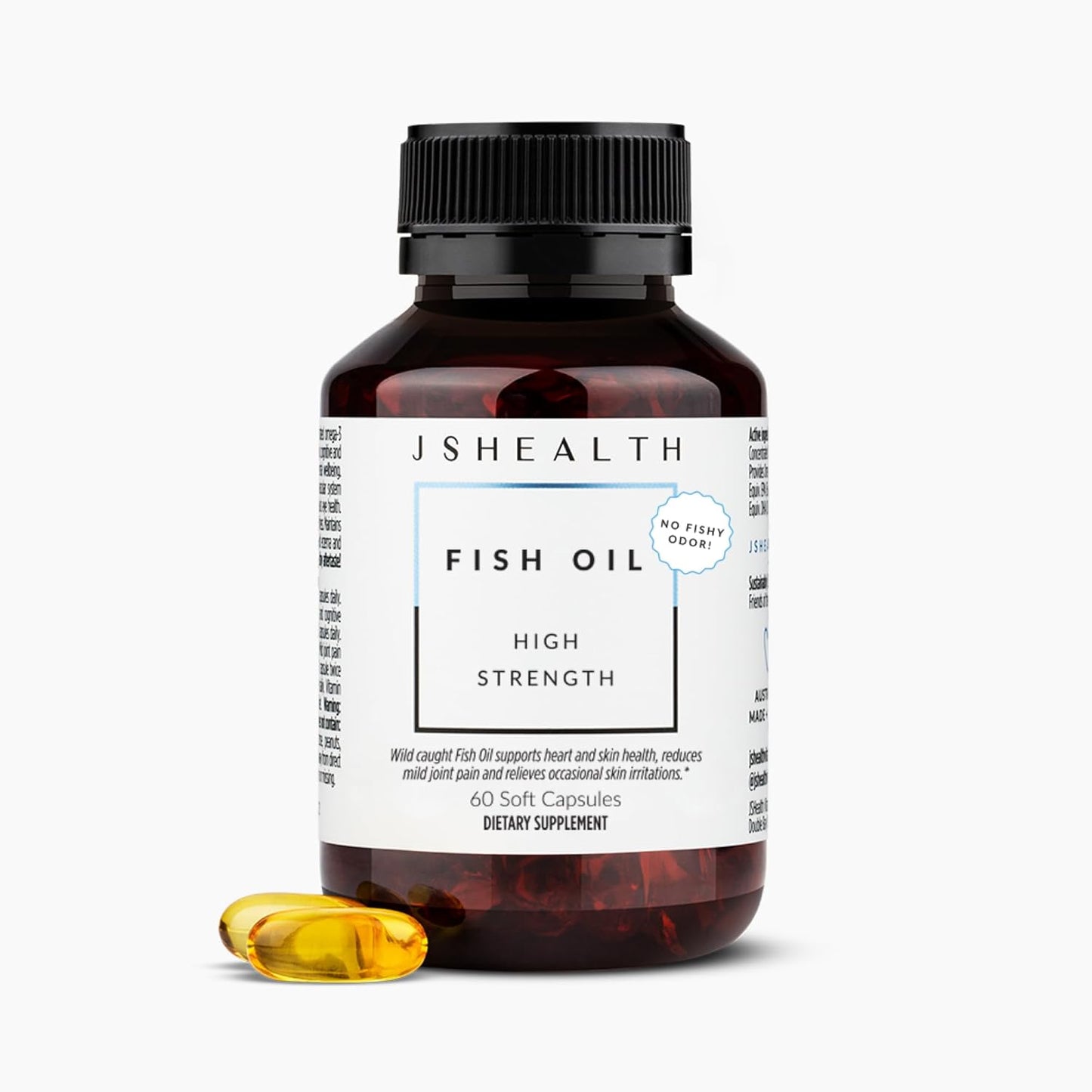 JSHealth High Strength Fish Oil. 900mg Omega-3 per Capsule with 540mg EPA and 360mg DHA. Wild-Caught, Friend of the Sea Certified, Vanilla Coated. No Fishy Aftertaste (60 Capsules)