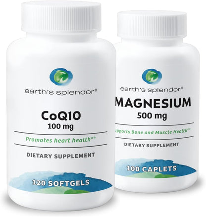 Earth's Splendor CoQ10 100 mg Softgels + Magnesium 500 mg Caplets – Cellular Energy Production, Heart & Muscle Support, Non-GMO, No Artificial Flavors