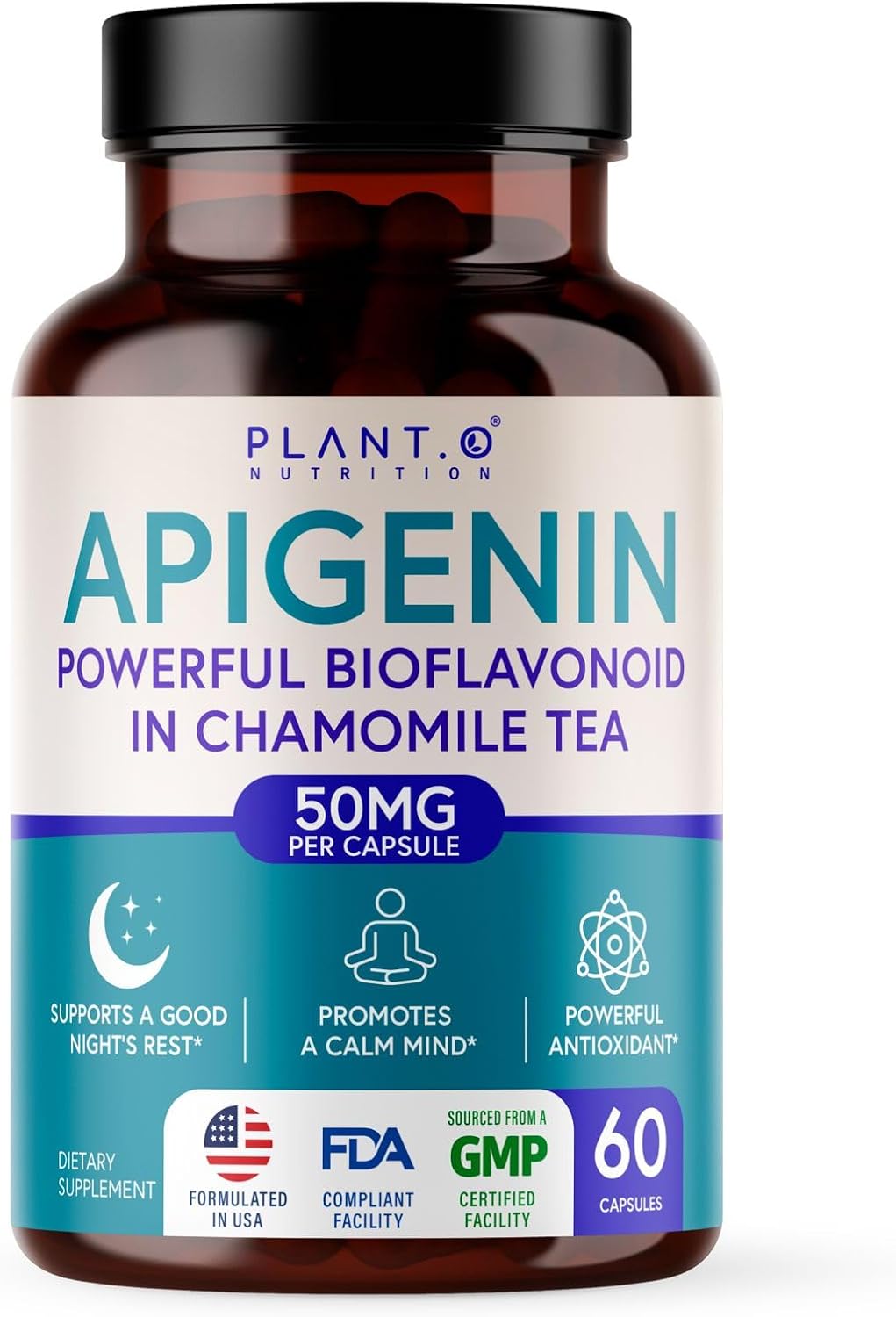 PLANT.O NUTRITION Apigenin 50mg Supplement for Sleep Support & Relaxation - Melatonin Free Bioflavonoid Capsules Found in Chamomile Tea, Third Party Tested, Gluten Free, 60 Capsules
