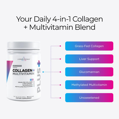 Livingood Daily Collagen Powder for Women and Men, Vanilla, Grass Fed Protein, Hydrolyzed Collagen Peptides with Vitamin C & Multi Vitamins for Hair, Skin, Nail & Gut Health, Gluten Free, 30 Servings