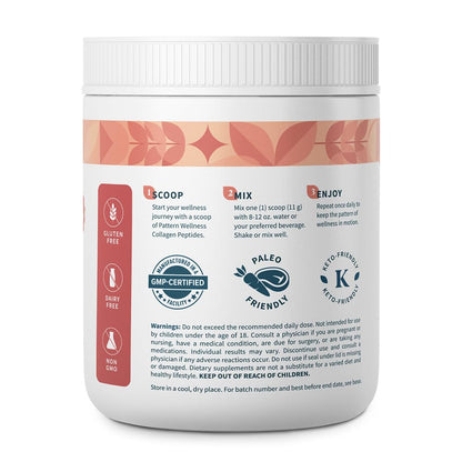 Pattern Wellness Collagen Peptides Powder (Type I & III) - Hair, Nails, Skin & Joint Support - Grass Fed & Pasture-Raised - Hydrolyzed, Non-GMO, Dairy Free, & Keto-Friendly - Unflavored (16 Oz)