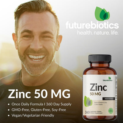 Futurebiotics Zinc 50 MG High Potency, 1 Year Supply - Non-GMO 360 Vegetarian Tablets