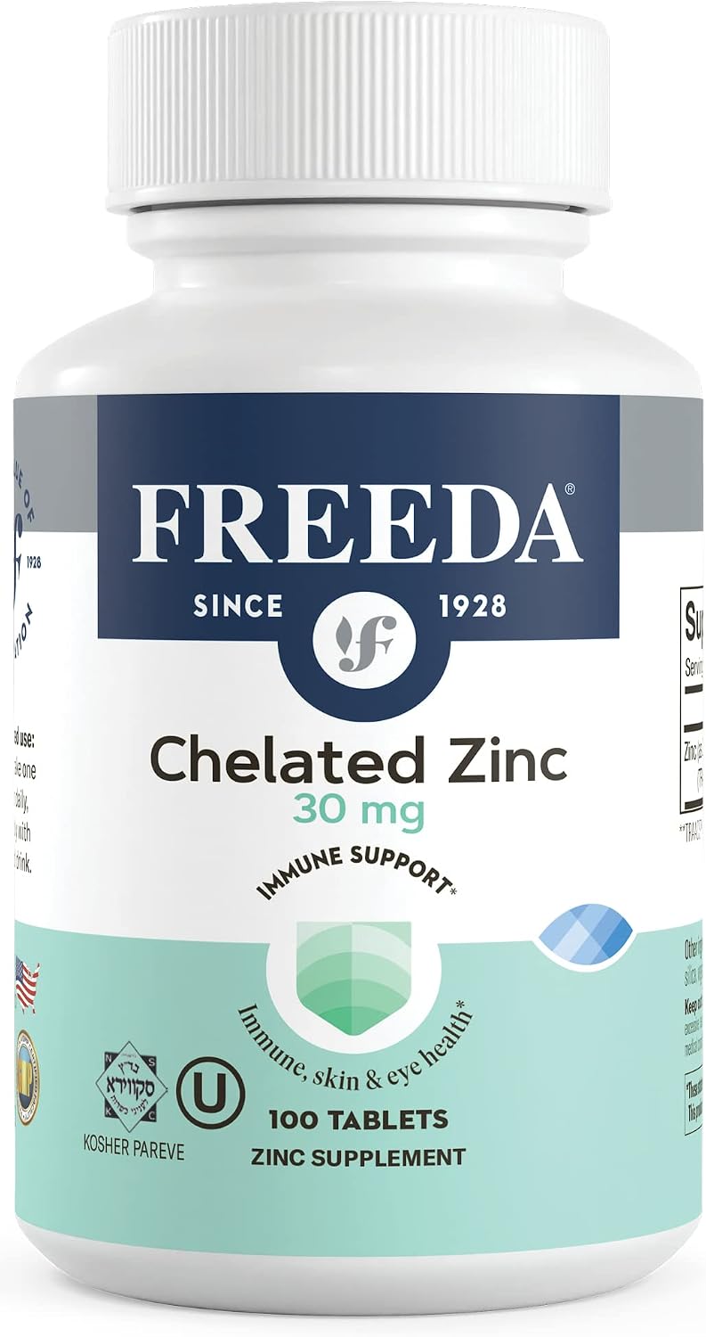 Freeda Chelated Zinc 30mg – TRAACS® Zinc Bisglycinate for High Absorption – Vegan, Kosher, Gentle on Stomach – Immune Support for Adults, Men & Women – 100 Tiny Tablets | For Adult Men & Women – High Absorption Formula – Antioxidant Support, Gentle on Sto