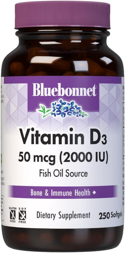 Bluebonnet Nutrition Vitamin D3 2000 IU50 mcg High Potency Immune Support, High Absorption Cold-Water Fish Liver Oil & Plant-Based Non-GMO Safflower Oil, Support Strong Bone, Gluten-Free, 250 Softgels
