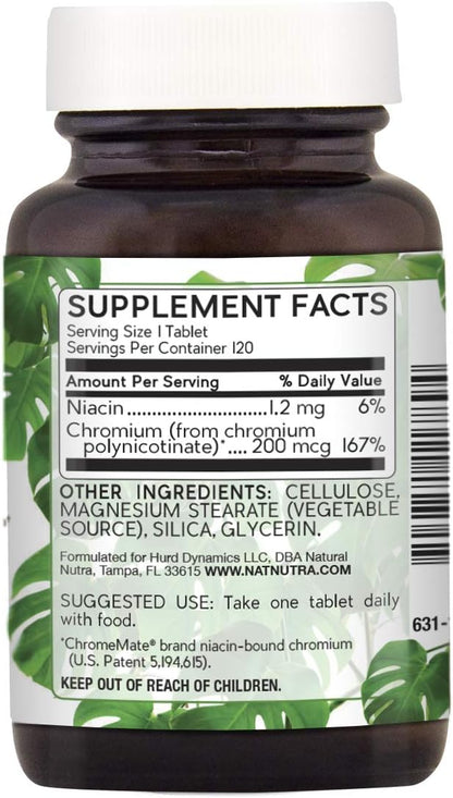 Natural Nutra GTF Chromium Polynicotinate with ChromeMate, Supports Body Metabolism, Support Heart Health, Maintain Body Fat Level, Improve Digestion, Cardiovascular Health, 200 mcg, 120 Vegan Tablets
