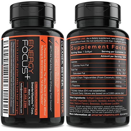 200mg Caffeine Pills - MCT Oil from 100% Coconuts + 100mg L-Theanine, Advanced Energy