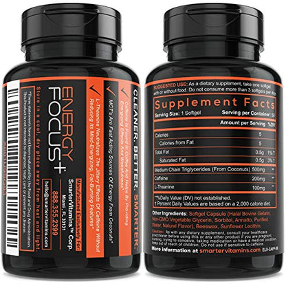 200mg Caffeine Pills - MCT Oil from 100% Coconuts + 100mg L-Theanine, Advanced Energy