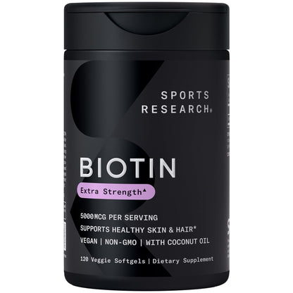 Sports Research® Biotin 10,000mcg with Organic Coconut Oil - Biotin (Vitamin B7) for Healthy Skin and Hair Support* - for Women and Men - Vegan, Non-GMO, Gluten & Soy-Free - 120 Veggie Softgels