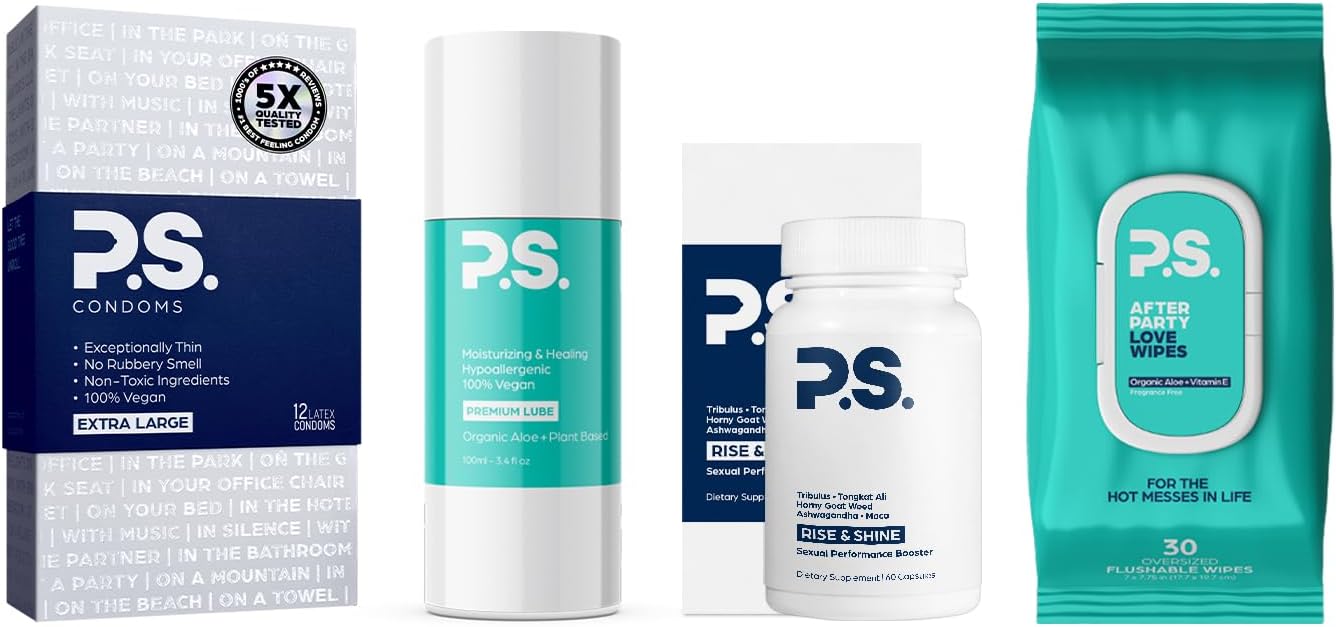 PS Allstar Bundle - 12-Pack of XL Thin Latex Condoms for Men, Afterparty Oversized Adult Flushable Wipes, Organic Personal Lubricant, and All Natural Testosterone Booster