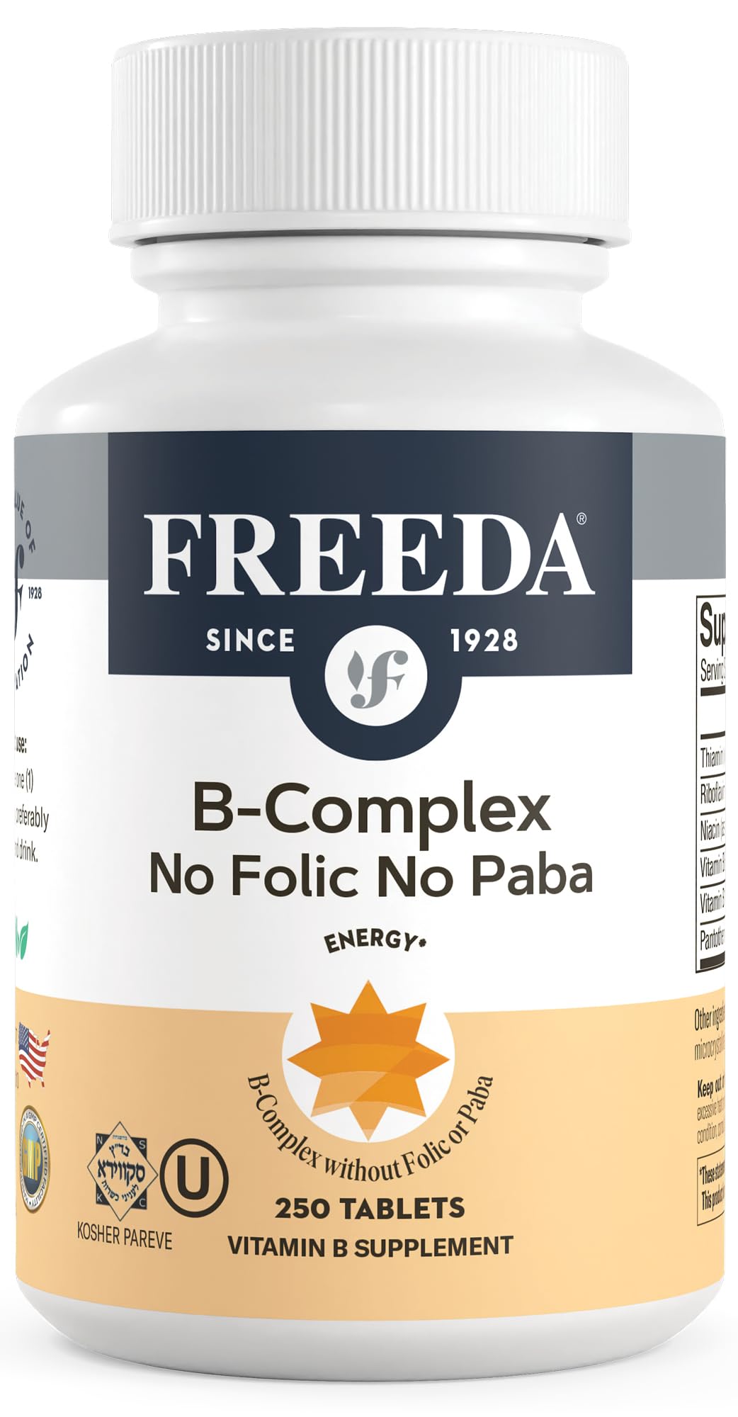 FREEDA Super B-Complex Vitamin Supplement – No Folic Acid or PABA, 100ct | Supports Energy, Metabolism, & Cellular Function – Balanced B Vitamins for Men & Women – Kosher, Vegan, Gluten-Free, USA Made