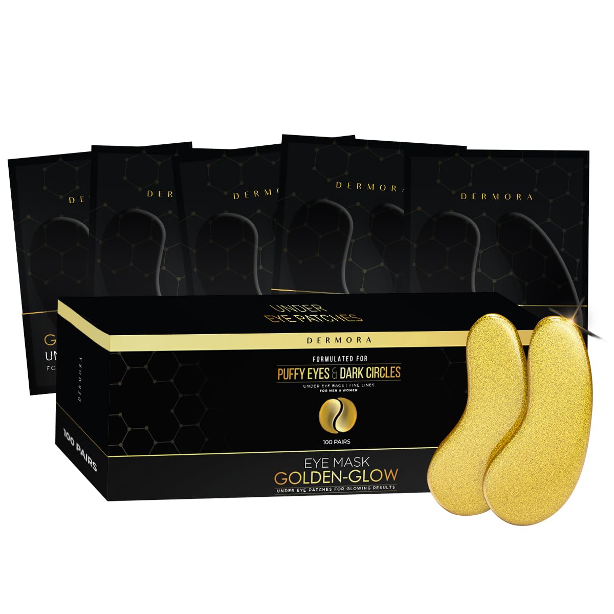 DERMORA Golden Glow Under Eye Patches (100 Pairs Eye Gels) - Rejuvenating Treatment 