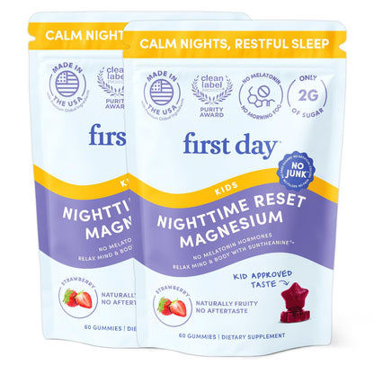 FIRST DAY Kids Magnesium Gummies, Citrate + L-Theanine, No Melatonin, 60 Ct | Strawberry citrate magnesium gummies for kids with Suntheanine® L-theanine; melatonin-free calm and bedtime support for kids