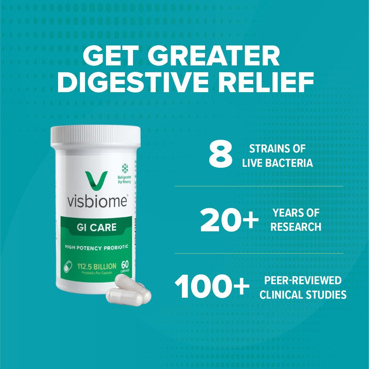 Visbiome® GI Care High Potency Probiotic, 112.5B CFU, 60 Capsules | Original De Simone Formulation®, Multi-Strain, Refrigerated Probiotics, Low FODMAP Certified, Gluten-Free, Made in USA