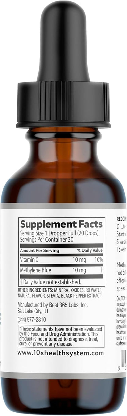 10X Health Methylene Blue Drops - 30ml Drops | Focus Support Supplement: With Black Pepper Extract, Energy Support, Vegan, Non-GMO, 30ml
