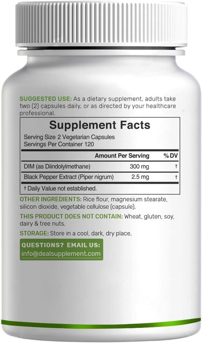 DIM Supplement 300mg with Black Pepper, 240 Vegetarian Caps, 4 Months Supply | 2-in-1 Dim Supplement for Women & Men | Diindolylmethane Plus Black Pepper Extract for Enhanced Absorption*