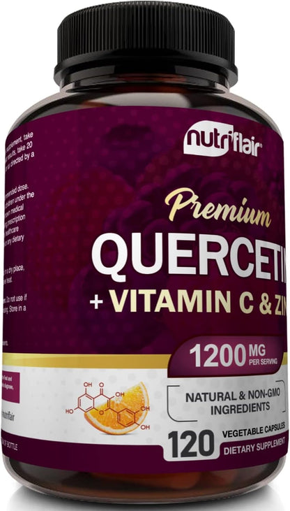 NutriFlair Quercetin 1200mg with Vitamin C and Zinc, 120 Capsules - All-Natural Supplement, Gluten-Free, Soy-Free, Non-GMO, Easy-to-Swallow, 2-Month Supply