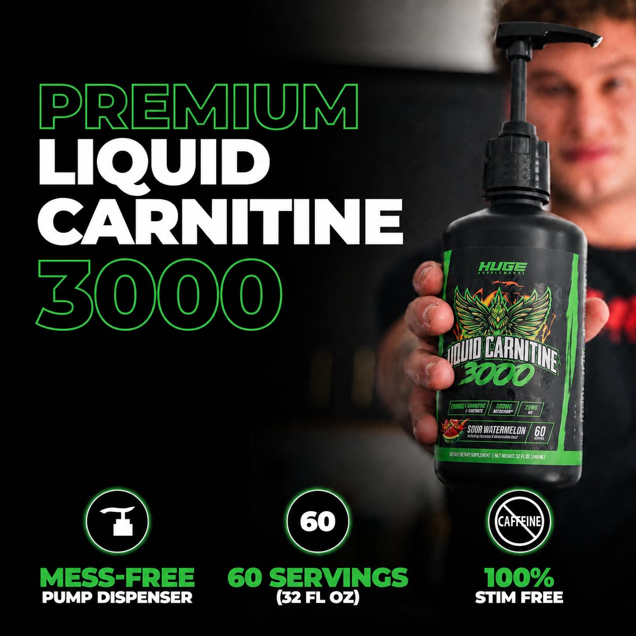 Huge Supplements Liquid L-Carnitine 3000, Superior Potency Infused with 500mg MitoBurn & 25mg GBB, Premium Stim-Free & Energy Boost, Convenient Pump Top, 32 Oz (60 Servings)