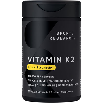 Sports Research® Vitamin K2 as MK-7 100mcg with Coconut MCT Oil - 60 Veggie Softgels (2 Month Supply) Vegan Certified, Non-GMO Verified, Gluten & Soy Free