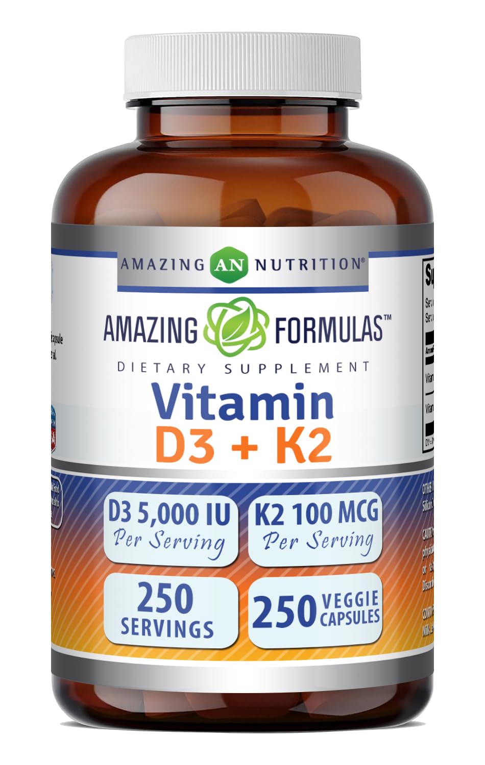 Amazing Formulas Vitamin D3 5000 IU with Vitamin K2 100 Mcg| 250 Veggie Capsules | D3 + K2 Complex | Non-GMO | Gluten Free | Made in USA