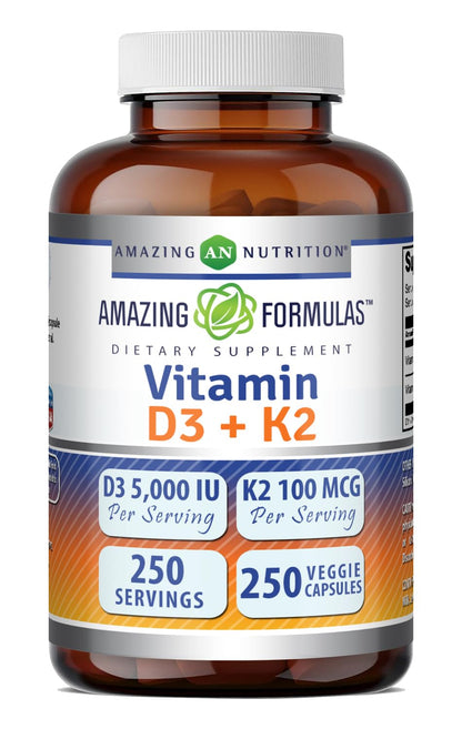 Amazing Formulas Vitamin D3 5000 IU with Vitamin K2 100 Mcg| 250 Veggie Capsules | D3 + K2 Complex | Non-GMO | Gluten Free | Made in USA