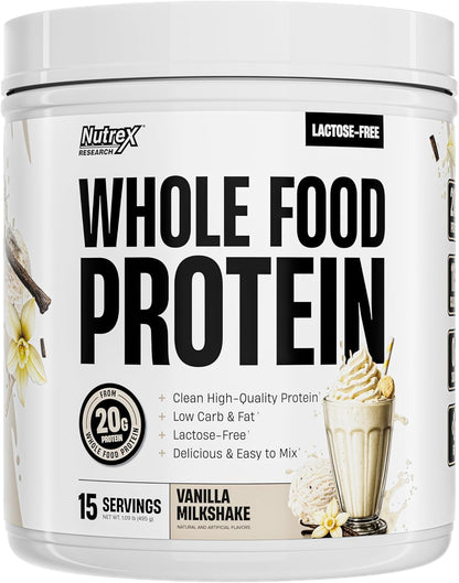 Nutrex Research Whole Food Protein Powder, 20g Protein per Scoop, Lactose Free, Dairy Free, Low Carb Low Fat, Collagen Peptides, 15 Servings (Vanilla Milkshake)