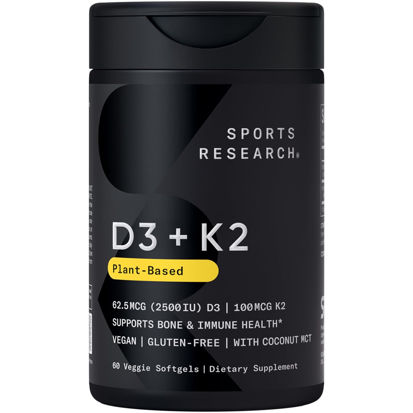 Sports Research® Vitamin D3 + K2 w/Coconut Oil - Vegan Vitamin D 2500iu (62.5mcg) & Mk7 Vitamin K 100mcg for Bone & Immune Support - Vegan Certified · Non-GMO · Soy Free - 60 Softgels