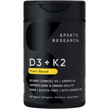 Sports Research® Vitamin D3 + K2 w/Coconut Oil - Vegan Vitamin D 2500iu (62.5mcg) & Mk7 Vitamin K 100mcg for Bone & Immune Support - Vegan Certified · Non-GMO · Soy Free - 60 Softgels