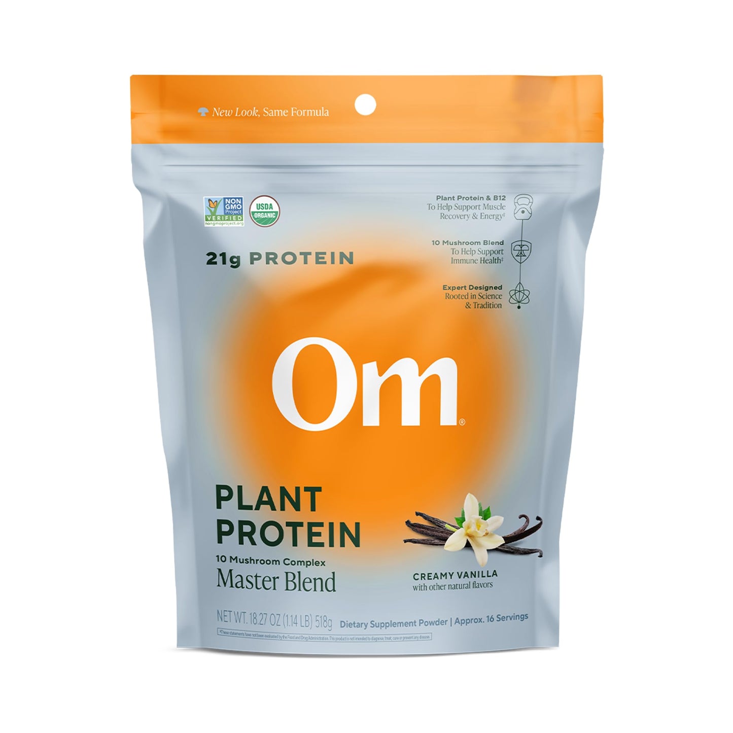 OM MUSHROOM SUPERFOOD Master Blend Vegan Protein – Organic Vanilla Plant Protein Powder, GLP-1 Friendly, Excellent Source of Protein, Good Source of Fiber, 10 Functional Mushrooms – 16 Servings