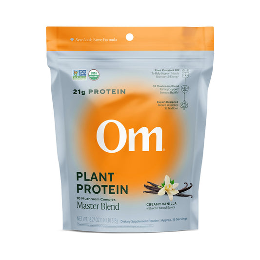 OM MUSHROOM SUPERFOOD Master Blend Vegan Protein – Organic Vanilla Plant Protein Powder, GLP-1 Friendly, Excellent Source of Protein, Good Source of Fiber, 10 Functional Mushrooms – 16 Servings