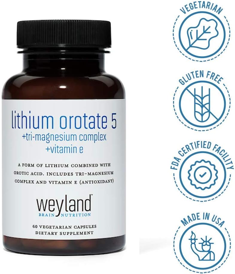 Lithium Orotate 5mg + Tri-Magnesium Threonate, Taurinate, Malate + Glycine + Vitamin E, 60 Vegetarian Capsules