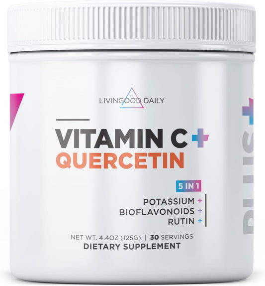 Livingood Daily High Dose Vitamin C Powder Supplement, 2,600 MG Ascorbic Acid Powder Supports Immunity & Skin Health, Powdered Vitamin C with Quercetin, Sweetened with Stevia, Vegan, 30 Servings