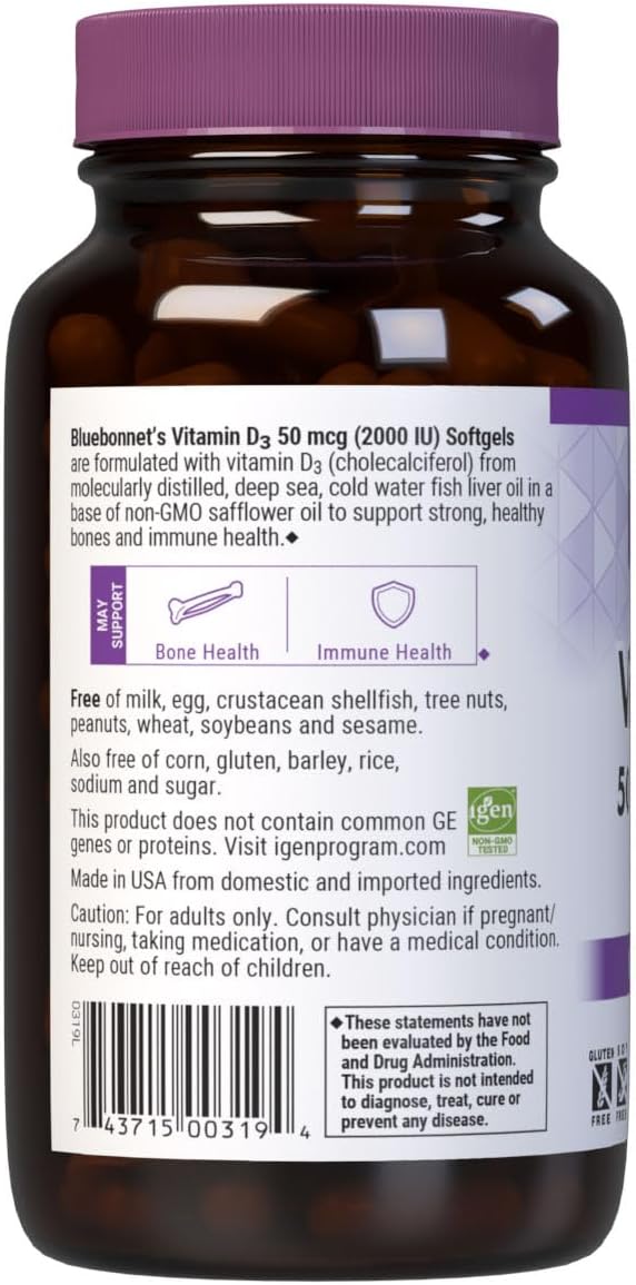 Bluebonnet Nutrition Vitamin D3 2000 IU50 mcg High Potency Immune Support, High Absorption Cold-Water Fish Liver Oil & Plant-Based Non-GMO Safflower Oil, Support Strong Bone, Gluten-Free, 250 Softgels