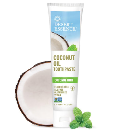 Desert Essence Tea Tree Oil Toothpaste - Coconut Mint - 6.25 Oz - Refreshing Taste - Complete Oral Care - Baking Soda - Sea Salt - Pure Essential Oil - Fights Against Sugar Acids - Zinc Citrate