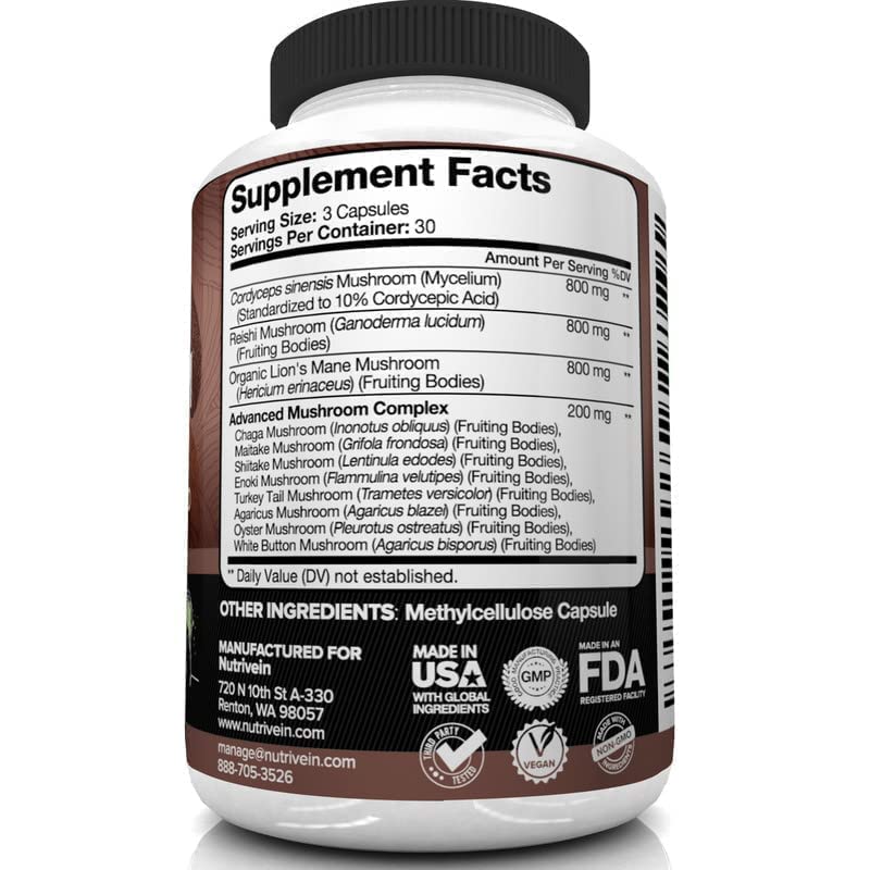 Nutrivein Mushroom Supplement - 2600mg - 90 Capsules - 11 Organic Mushrooms