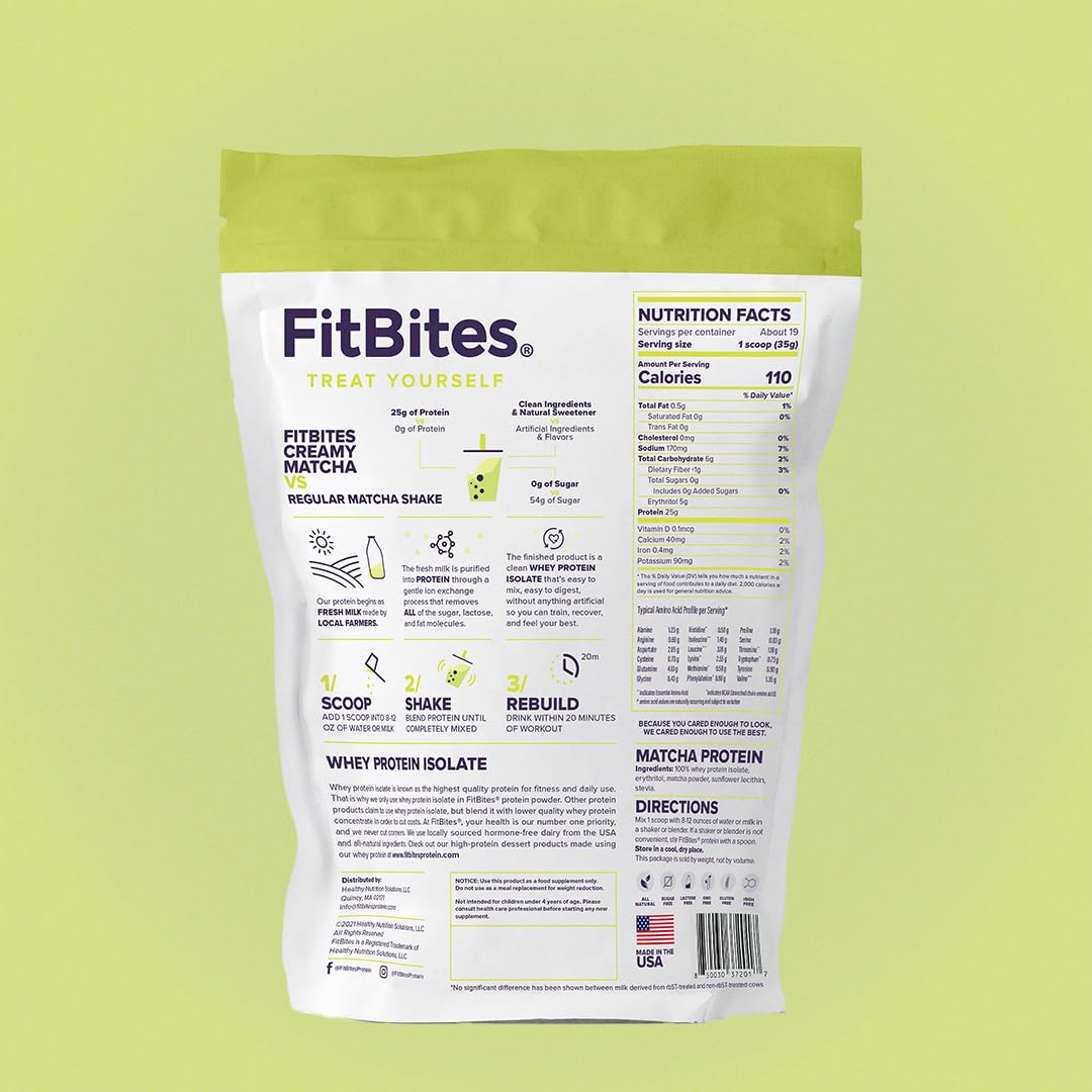 FitBites 100% Whey Isolate Protein Powder (Matcha Latte), 5.9g BCAAs, Gluten Free