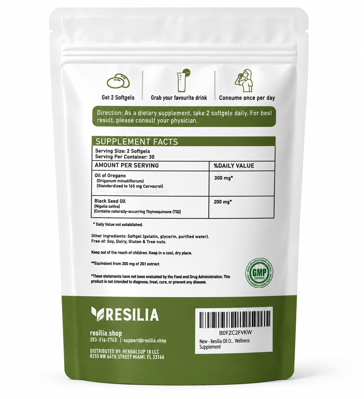 Resilia Oil Of Oregano Softgels with Black Seed Oil - 60 Softgels | Non-GMO, Gluten-Free and Soy-Free