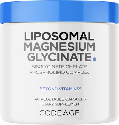 Codeage Liposomal Magnesium Glycinate Supplement, 2-Month Supply, Bisglycinate Magnesium Chelate, Chelated Magnesium Mineral Pills, BioPerine Black Pepper Vitamins Capsules, Non-GMO Vegan, 240 ct