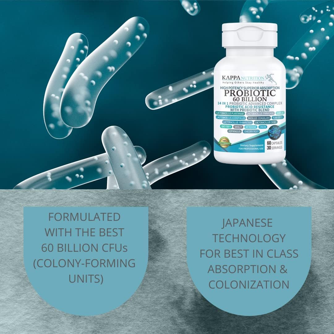KAPPA NUTRITION Probiotic 60 Billion CFU 14 in 1 Formula with Prebiotics & Acidophilus for Women, Men & Adults, Shelf Stable, Acid Resistant, Natural Supplement 60 Capsules.
