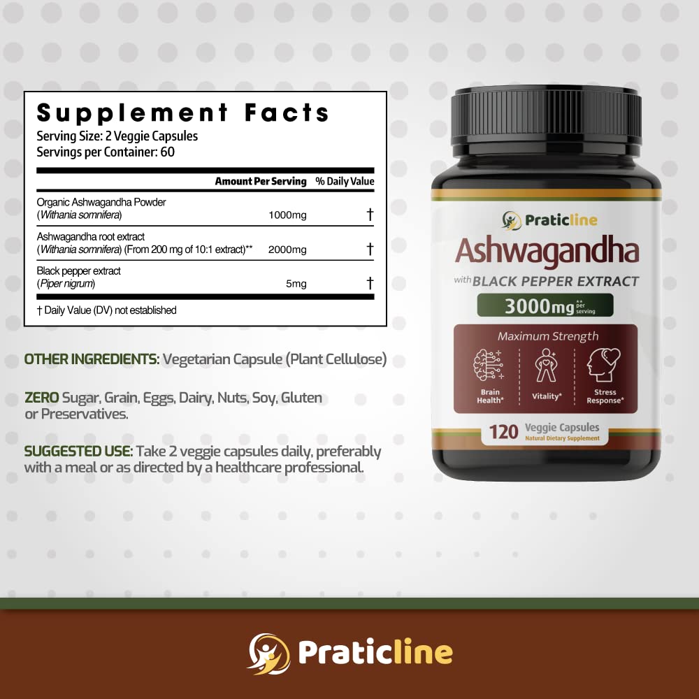 PRATIC LINE Ashwagandha Capsules 3,000 mg - 120 Vegan Cap Made with Organic