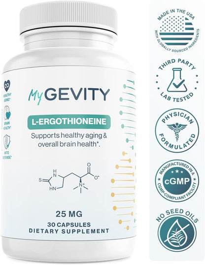 L-Ergothioneine Supplement 25mg – Fermentation-Based 99.9%+ Purity – Physician Formulated Antioxidant for Brain, Heart & Longevity – Vegan, Non-GMO, No Seed Oils, GMP USA – 30 Capsules