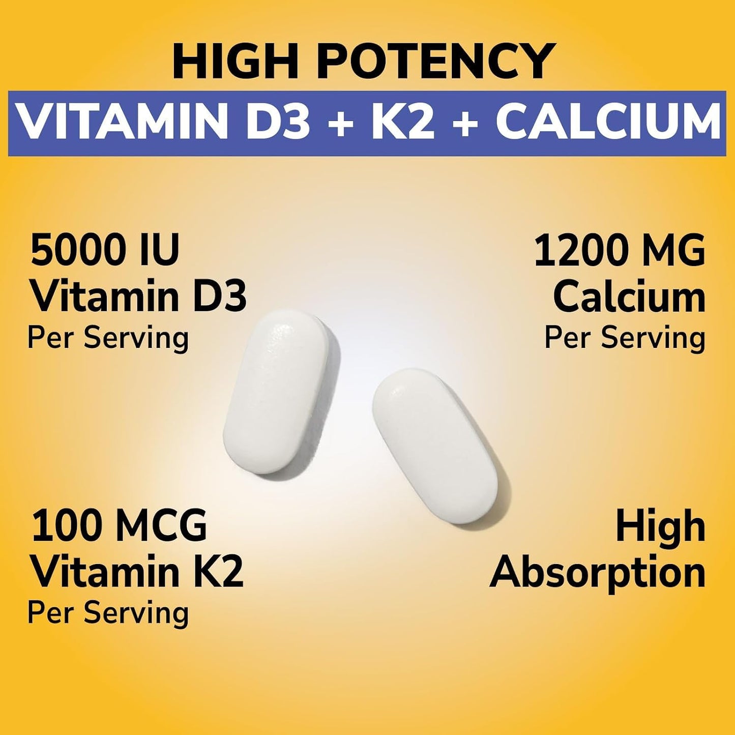 Vitalibre Vitamin D3 K2 + Calcium Supplements for Women & Men, 60 Tablets | Calcium 1200 mg with Vitamin D3 K2 5000 iu, High Absorption for Strong Bones, Teeth, Heart, Immune Health