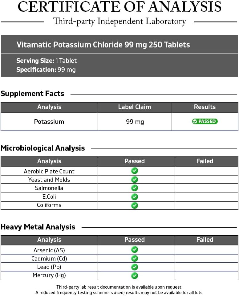 Vitamatic Potassium 99mg – 250 Tablets – Potassium Chloride for Muscle, Heart & Nerve Function – Electrolyte Support – Non-GMO, Gluten-Free