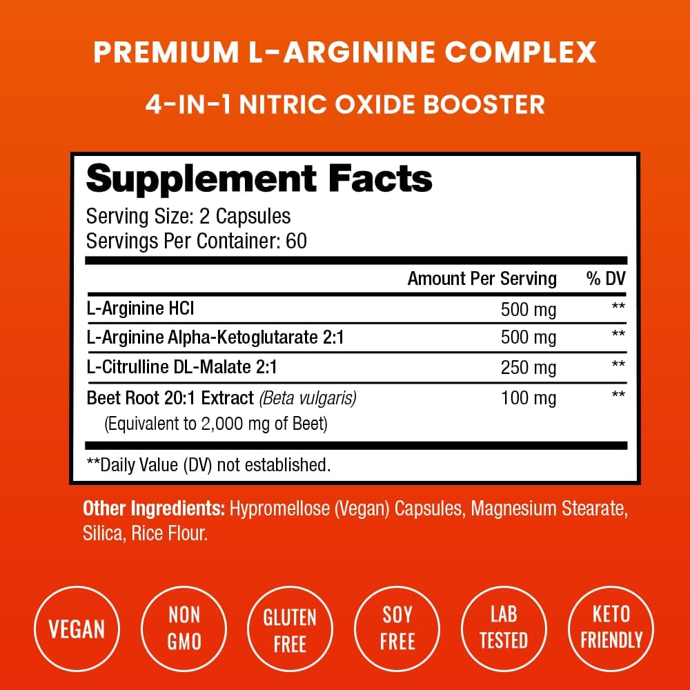 NutraChamps L-Arginine Supplement 1000mg + L-Citrulline 250mg & Beet Root – Nitric Oxide Booster for Heart Health, Energy & Stamina – Extra Strength Amino Acid Complex – 120 Vegan Capsules